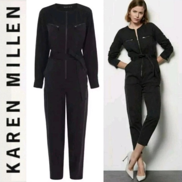 Karen Millen Black Zipper Pocket Utility Skinny Leg Jumpsuit NWT 12 MSRP $350 - Picture 1 of 10